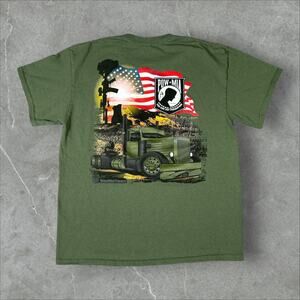 POW MIA Biker Semi Truck USA Army Military Size Large Green T-Shirt